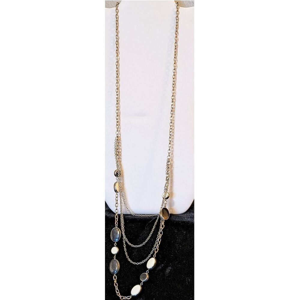 Long Silver Tone One Strand To Four Strands Chain W/ Cream & Black Bead Necklace